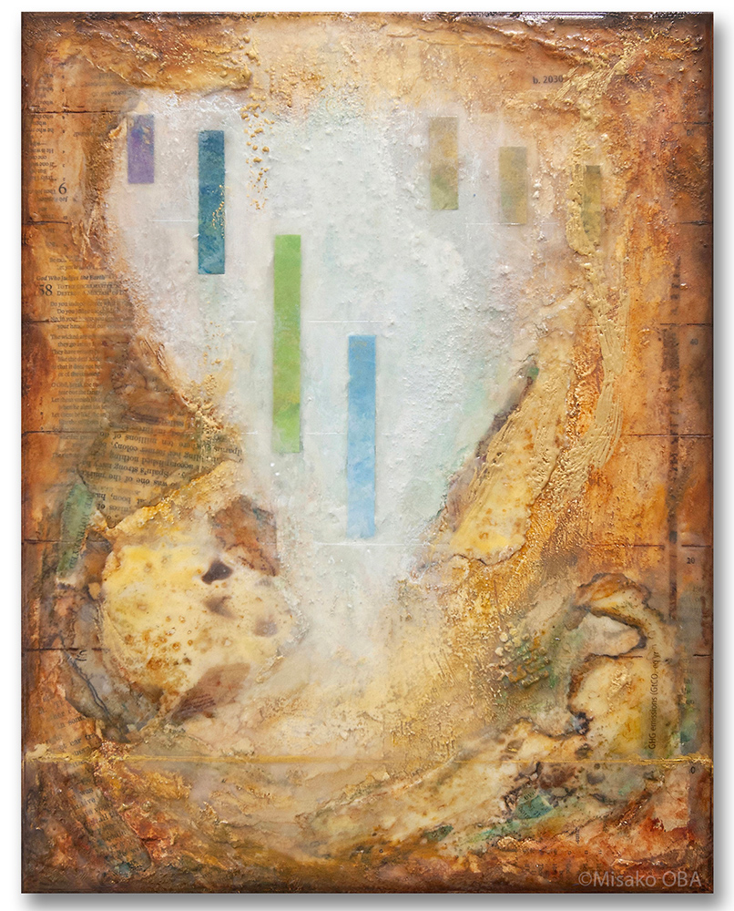 "Don’t Limit Love, Limit Warming -b" by Misako OBA. encaustic mixed media.